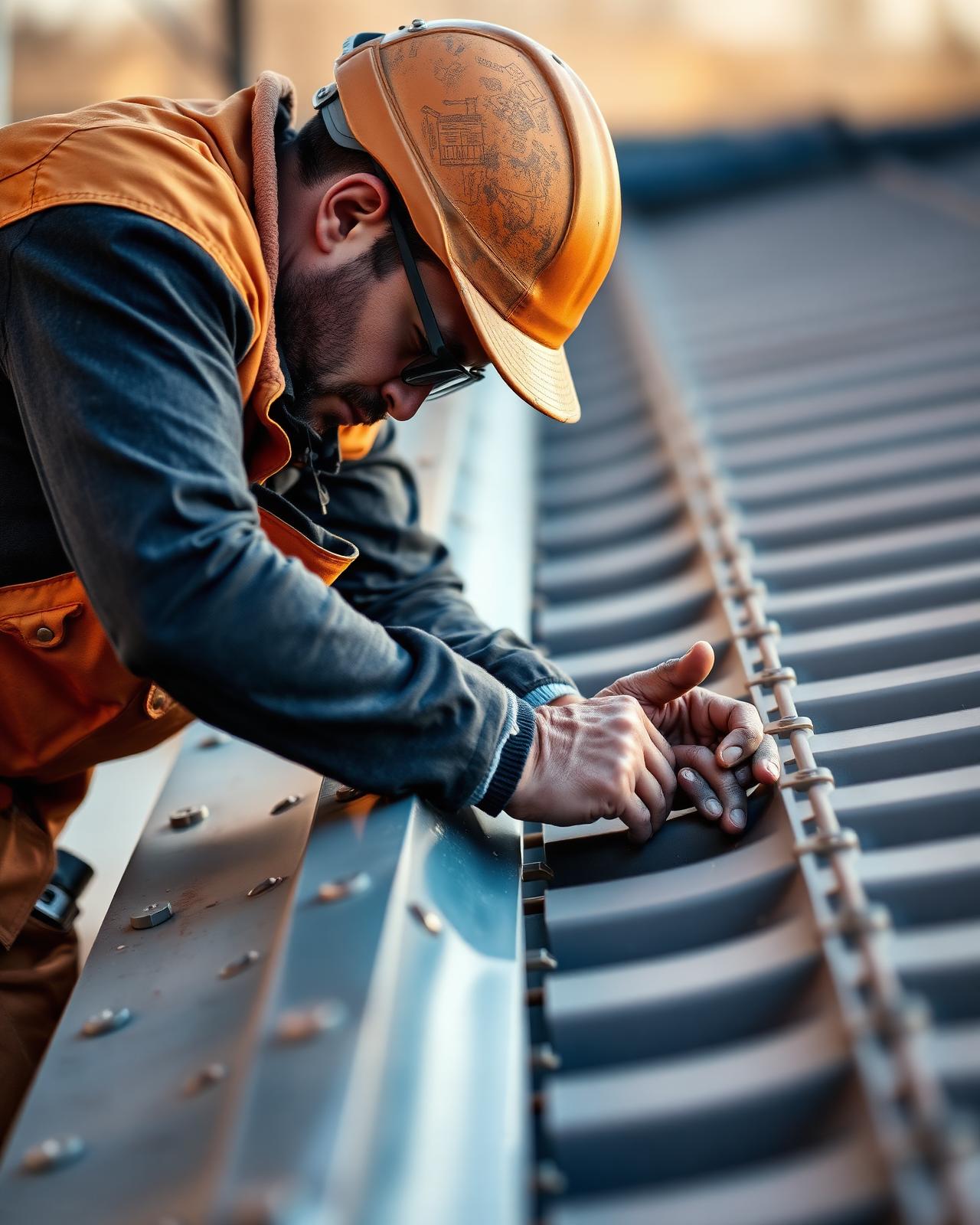 Handwerker bei der Montage eines Metalldachs
